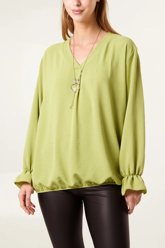 Necklace Bubble Hem Long Sleeve Blouse