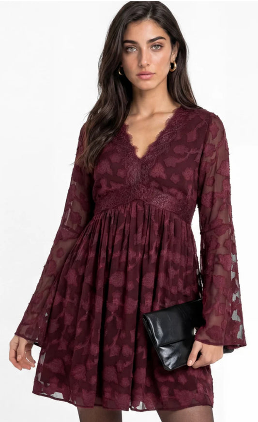 Lovedrobe Floral Burnout Long Sleeve Mini Dress