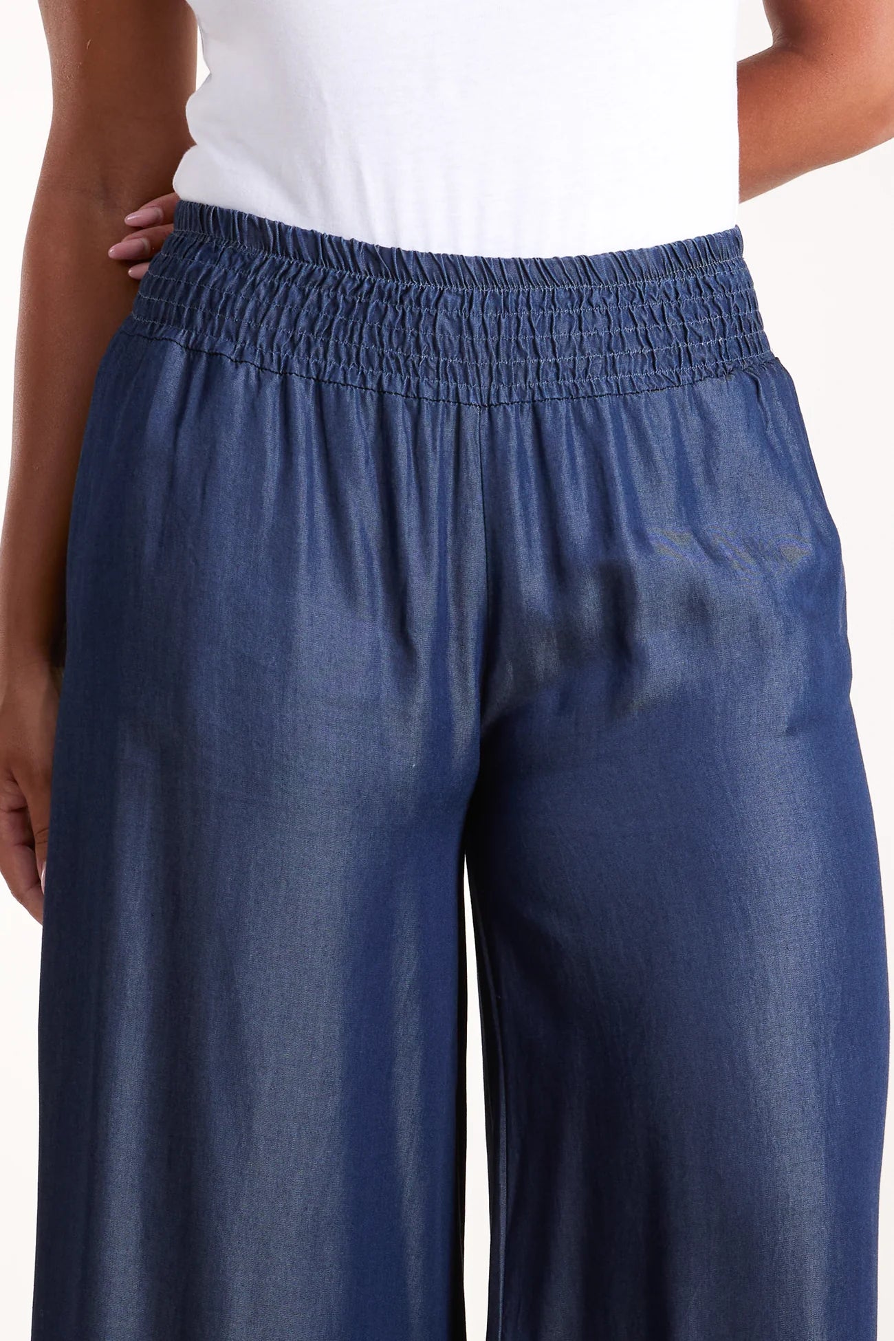 Denim Look Elasticated Wide Leg Trousers