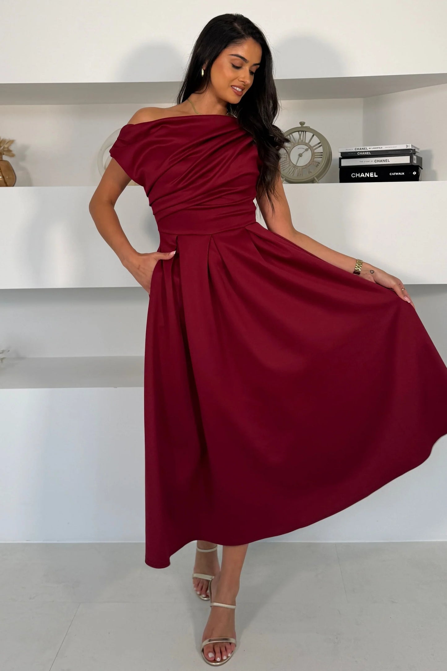 Girl In Mind Asymmetric Neckline Midi Skater Dress