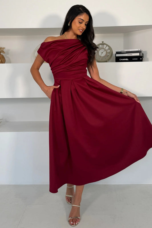 Girl In Mind Asymmetric Neckline Burgundy Midi Skater Dress
