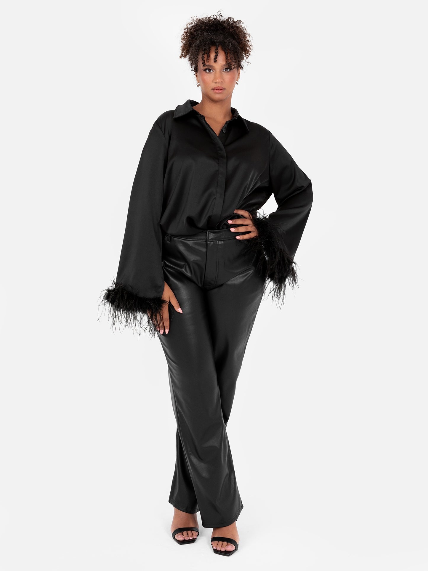 Lovedrobe Satin Shirt With Feather Cuffs