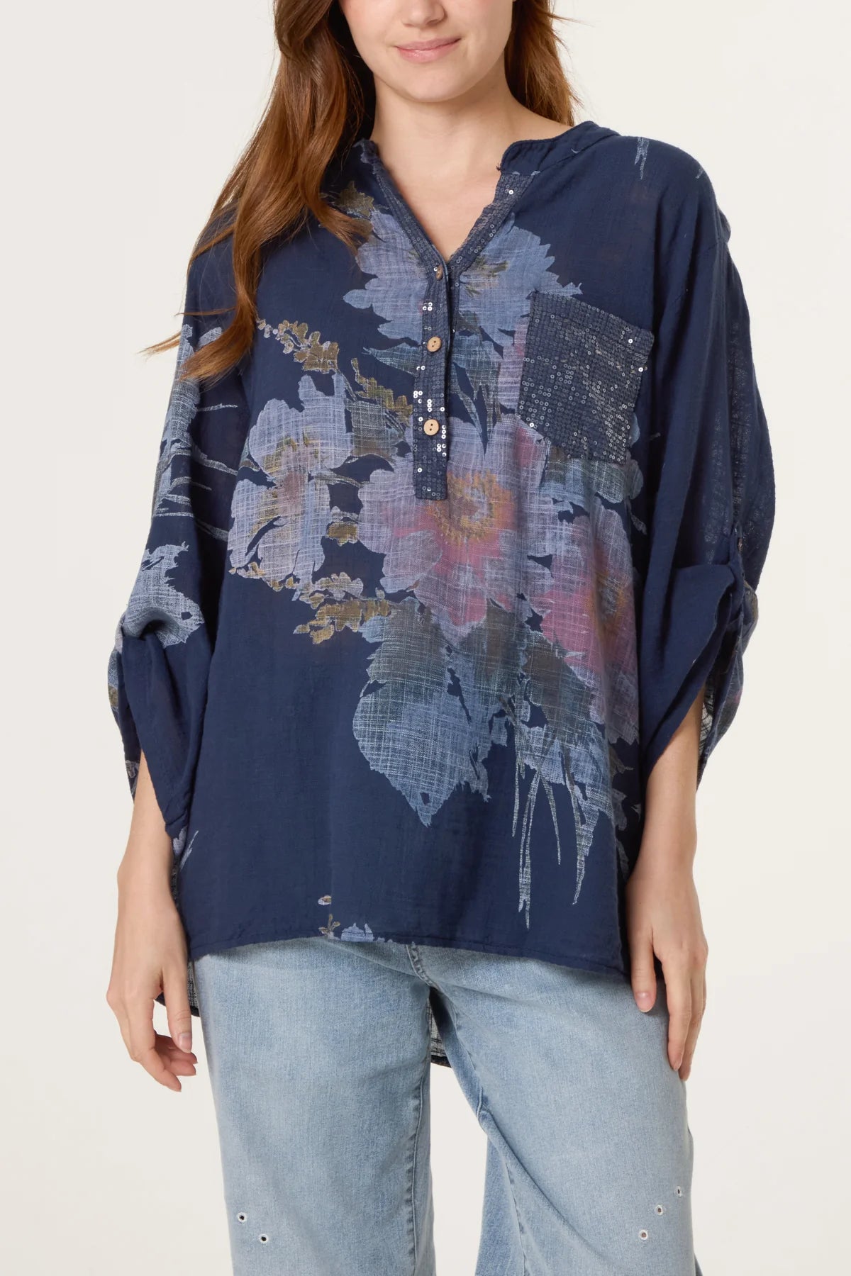 Floral Sequin Pocket Cotton Blouse