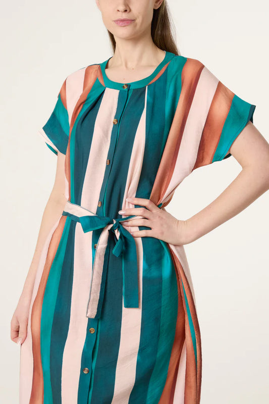 Stripe Button Through Tie Front Dress