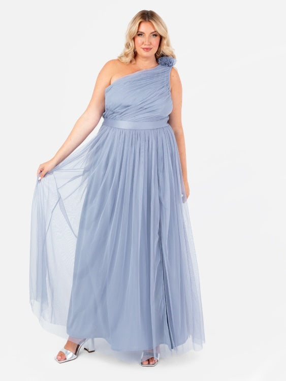 Anaya Slate Blue Ruffled One Shoulder Maxi Dress With Sash