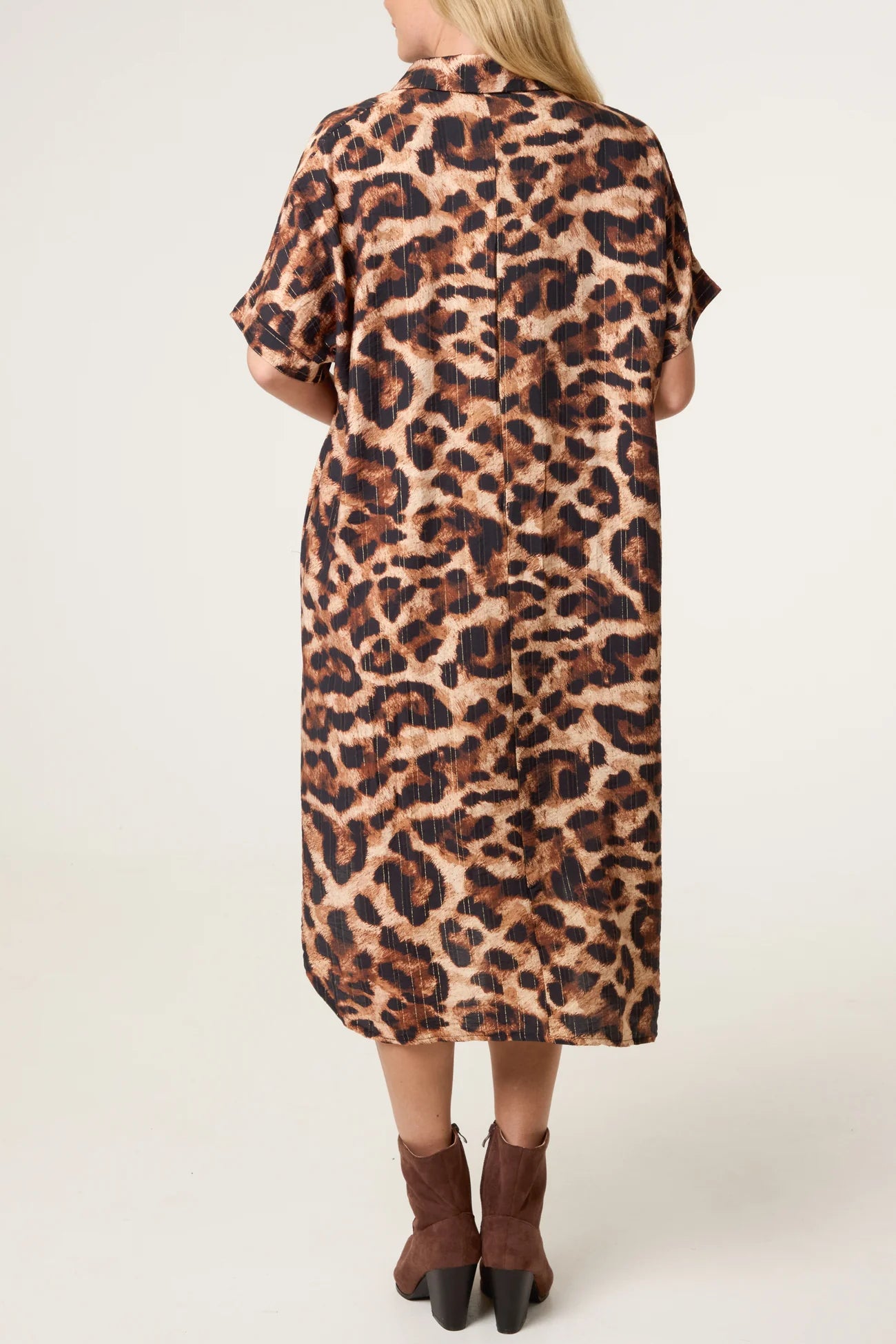 Metallic Leopard Print Short Sleeve Shirt Dress