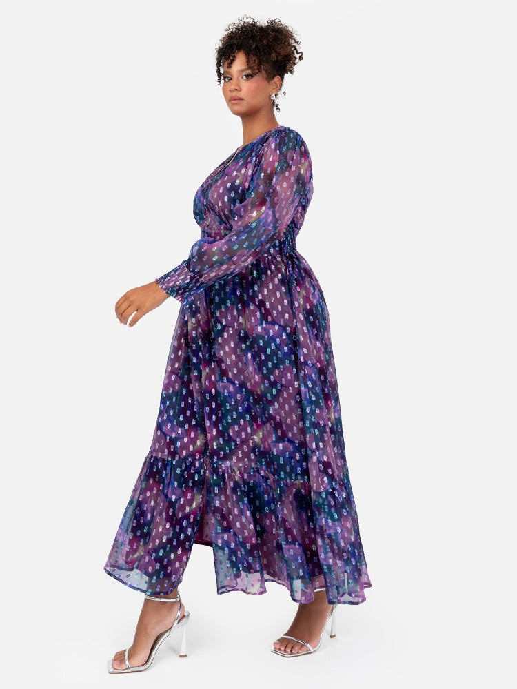 Lovedrobe Purple Long Sleeve Midi Dress With Silver Detail