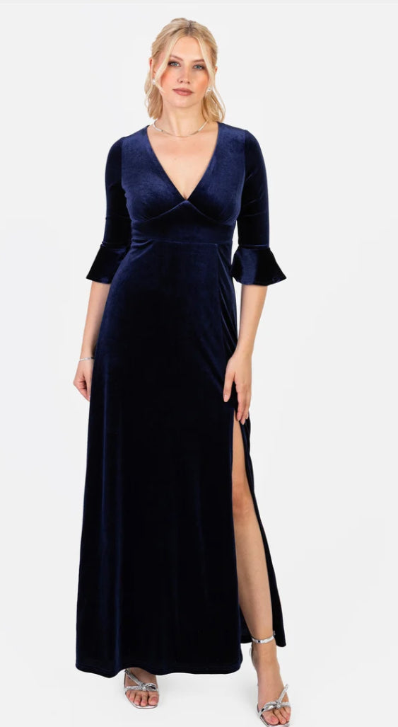 Maya Deluxe Vneck Flute Sleeve Velvet Maxi Dress