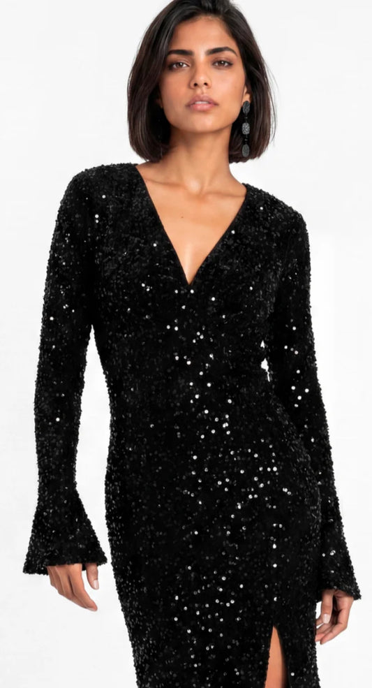 Maya Deluxe Velvet Embellished Bell Sleeve Maxi Dress