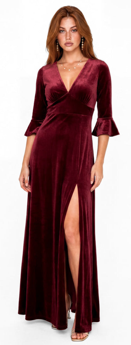 Maya Deluxe Vneck Flute Sleeve Velvet Maxi Dress