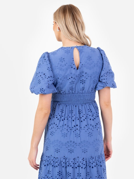 Lovedrobe Blue Broderie Puff Sleeve Tiered Midi Dress