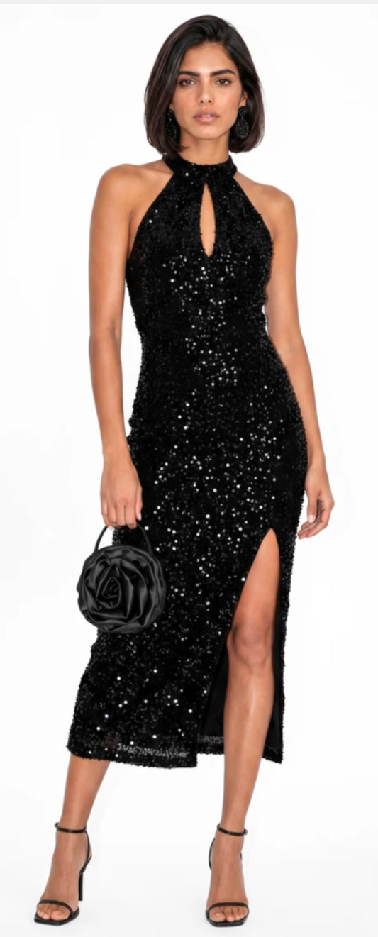 Maya Deluxe Velvet Embellished Halterneck Midi Dress