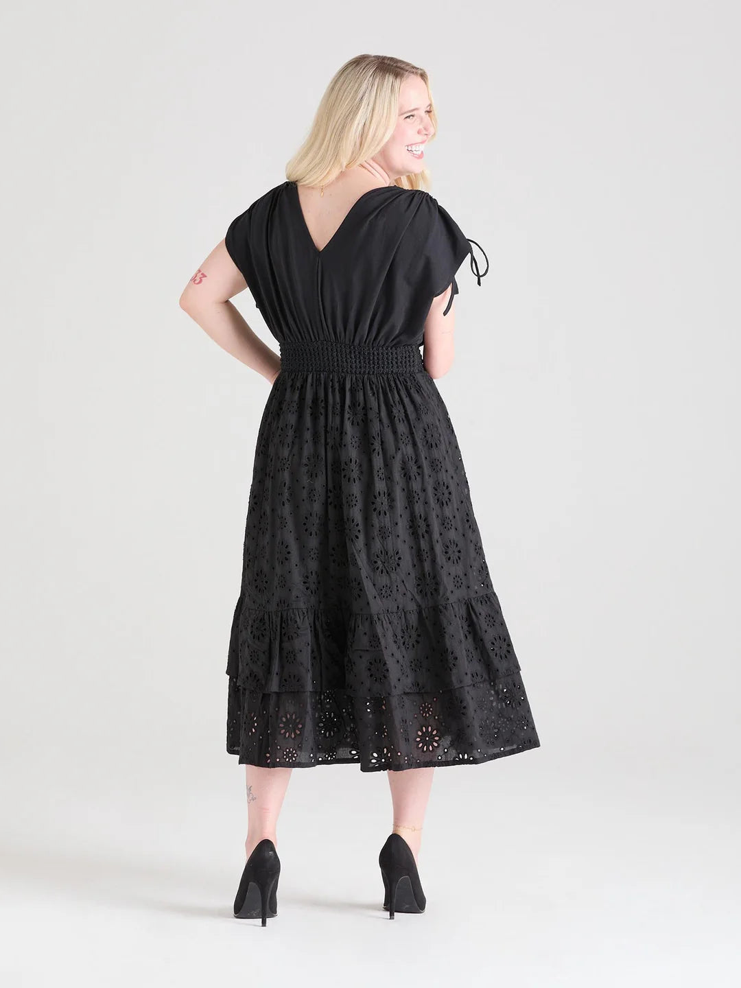 Snag Broderie Anglaise Midi Dress In Black
