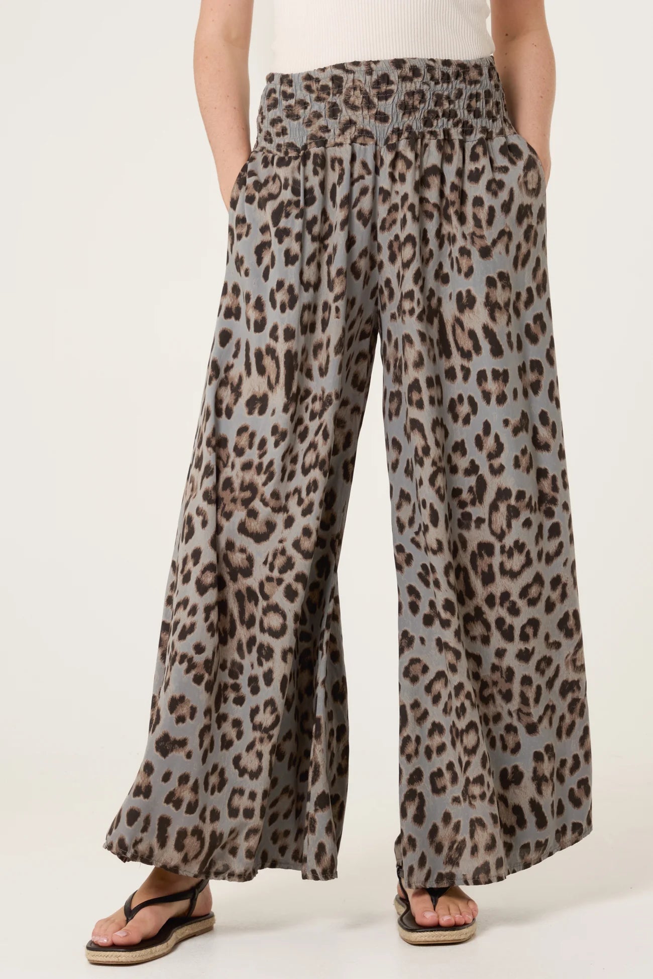 Leopard Print Shirred Waistband Wide Leg Trousers