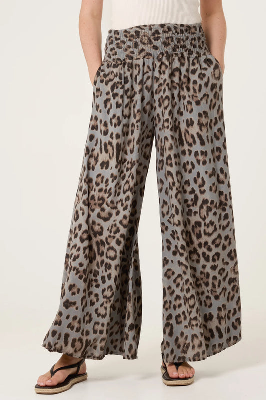 Leopard Print Shirred Waistband Wide Leg Trousers