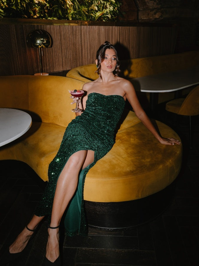 Maya Emerald Green Embellished Velvet Bandeau Maxi Dress