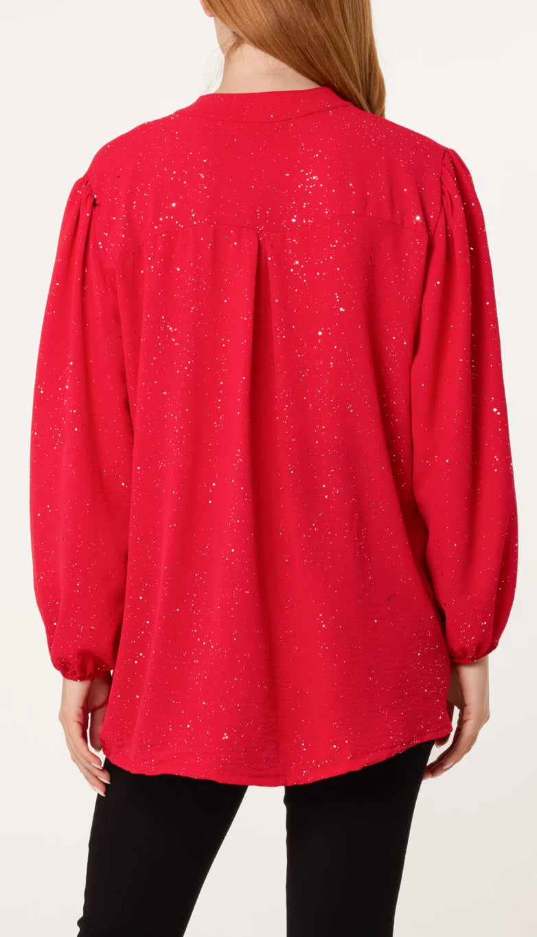 Glitter Collarless V-neck Blouse