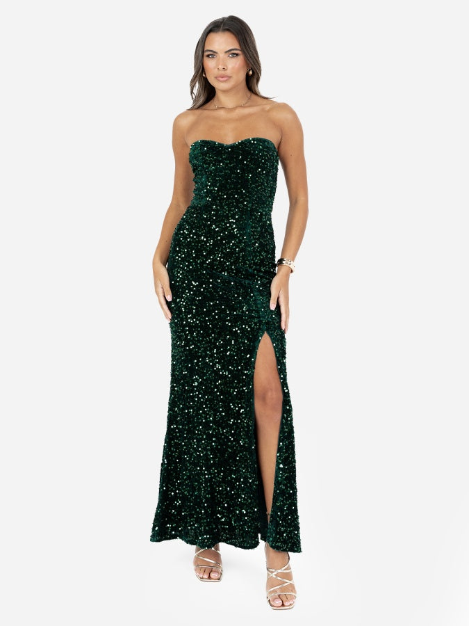 Maya Emerald Green Embellished Velvet Bandeau Maxi Dress