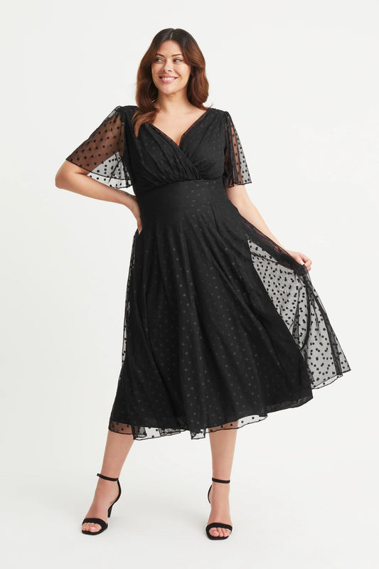 Scarlett & Jo Victoria Black Dobby Spot Midi Dress