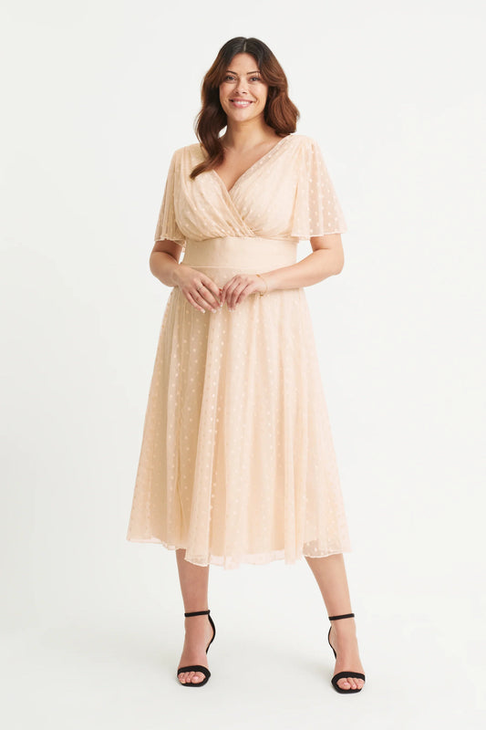 Scarlett & Jo Victoria Cream Dobby Spot Midi Dress