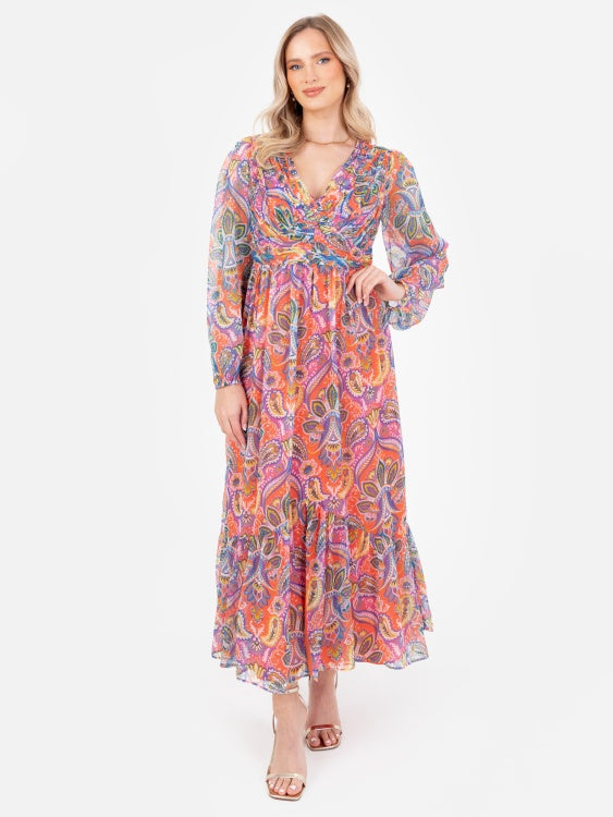 Lovedrobe Paisley V Neck Long Sleeve Midaxi Dress