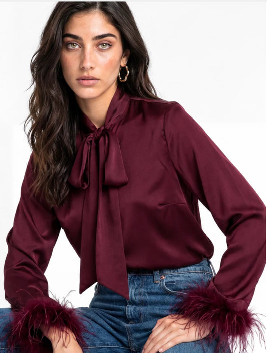 Lovedrobe Bow Collar Feather Cuff Satin Blouse