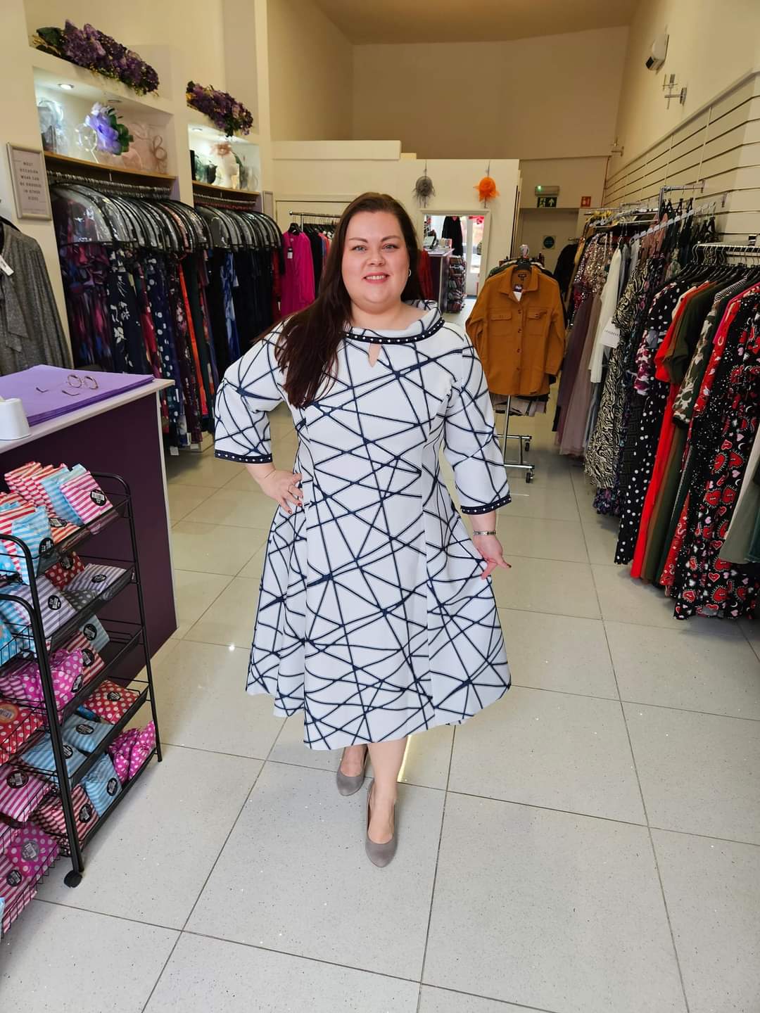 Lizabella Navy Silver Geometric Print Dress With Boat Neck