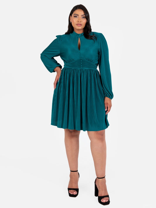 Lovedrobe Teal Plisse High Neck Midi Dress