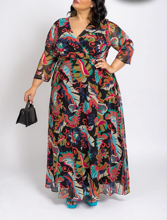 Wrap Bodice Leaf Pattern Maxi Dress With 3/4 Sleeves