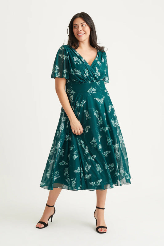 Scarlett & Jo Victoria Bottle Green Print Midi Dress