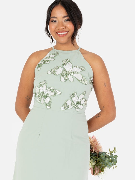 Maya Sage Green Floral Embellished Halter Maxi Dress