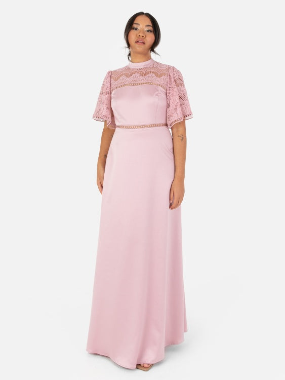 Maya Blush Pink Satin & Lace Maxi Dress