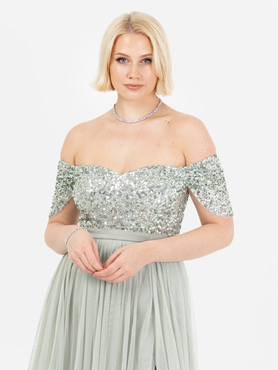 Maya Sage Green Embellished Bardot Maxi Dress With Side Slit