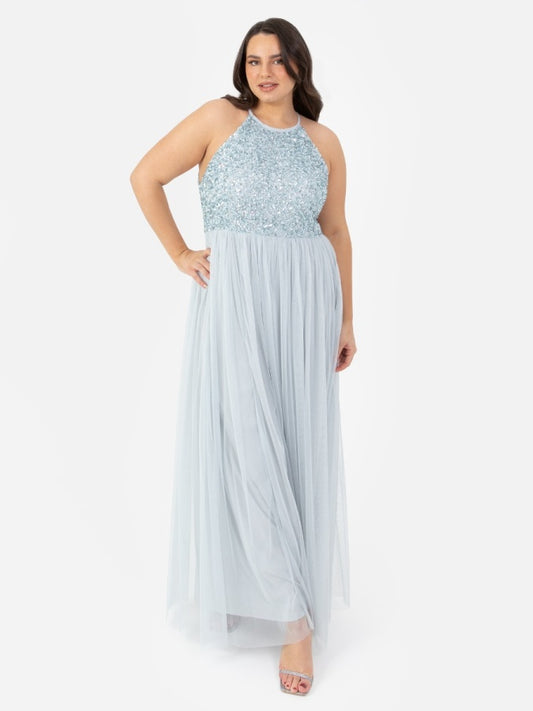 Maya Pale Blue Embellished Halter Maxi Dress