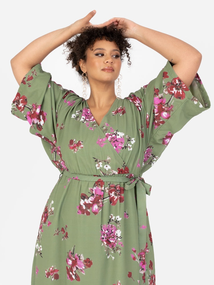 Lovedrobe Green Floral High Low Kimono Dress