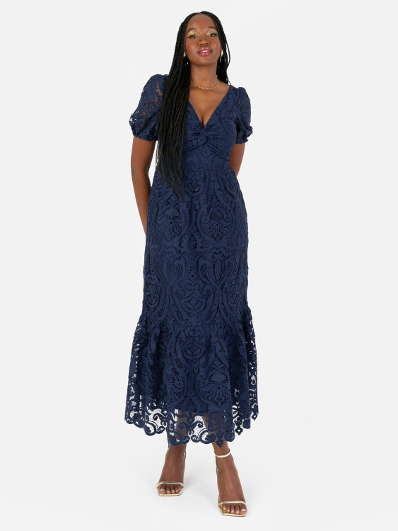 Maya Navy Lace Twist Front Midi Dress