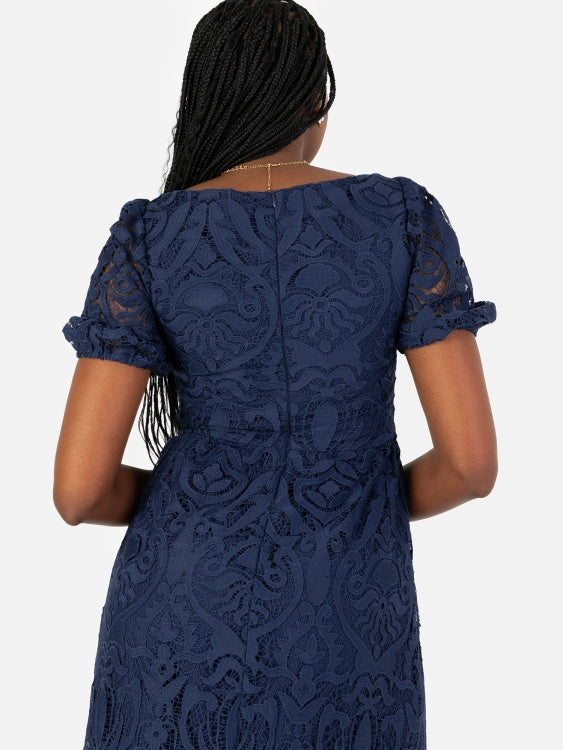 Maya Navy Lace Twist Front Midi Dress