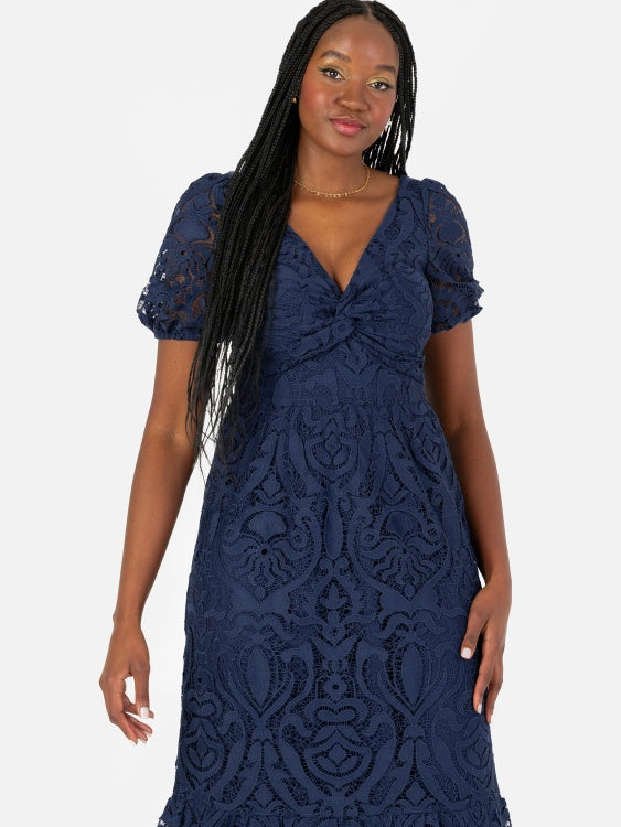 Maya Navy Lace Twist Front Midi Dress