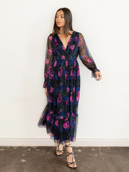 Anaya Floral Print Faux Wrap Long Sleeve Midaxi Dress
