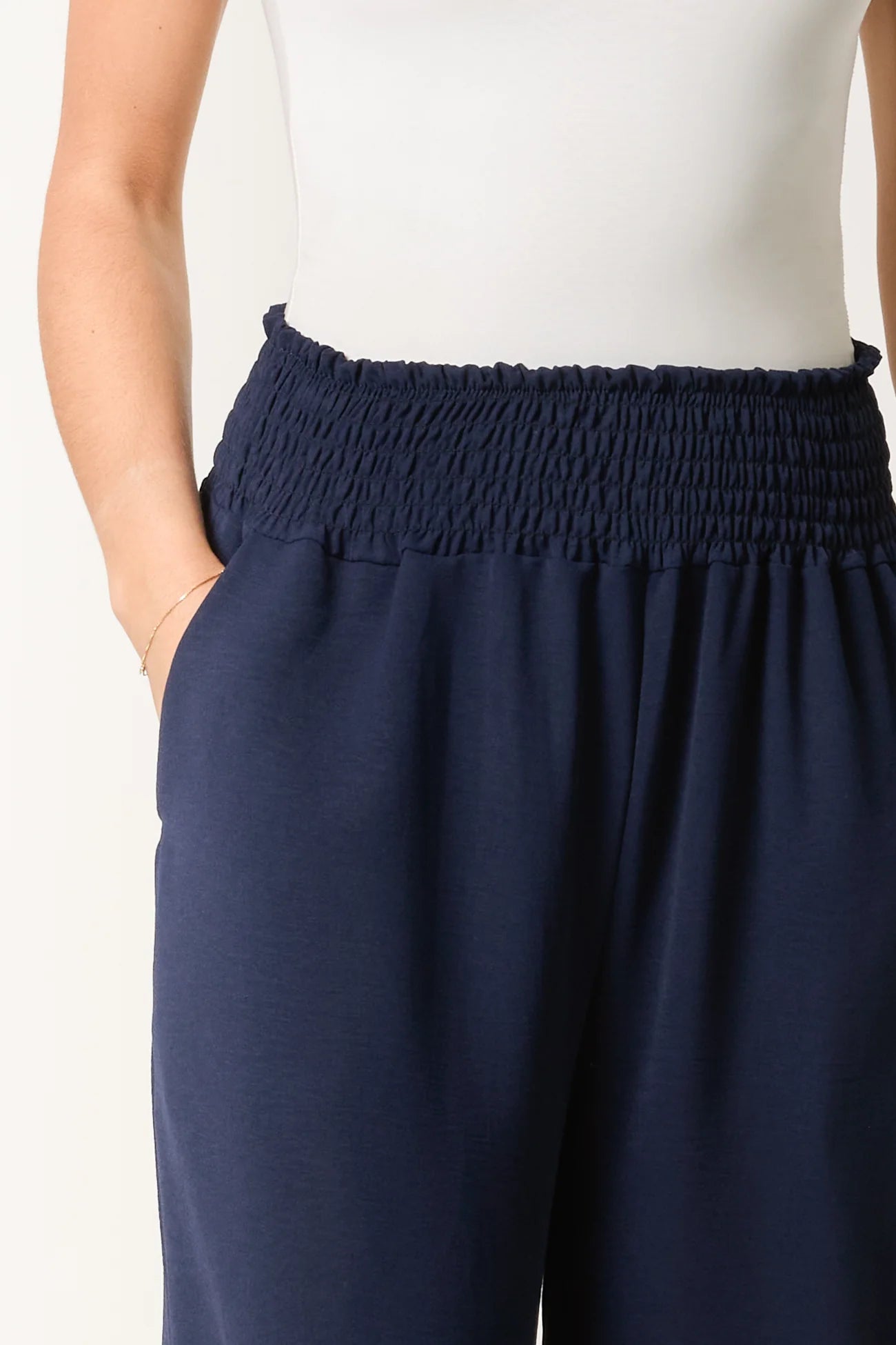 Shirred Waist Wide Leg Trousers