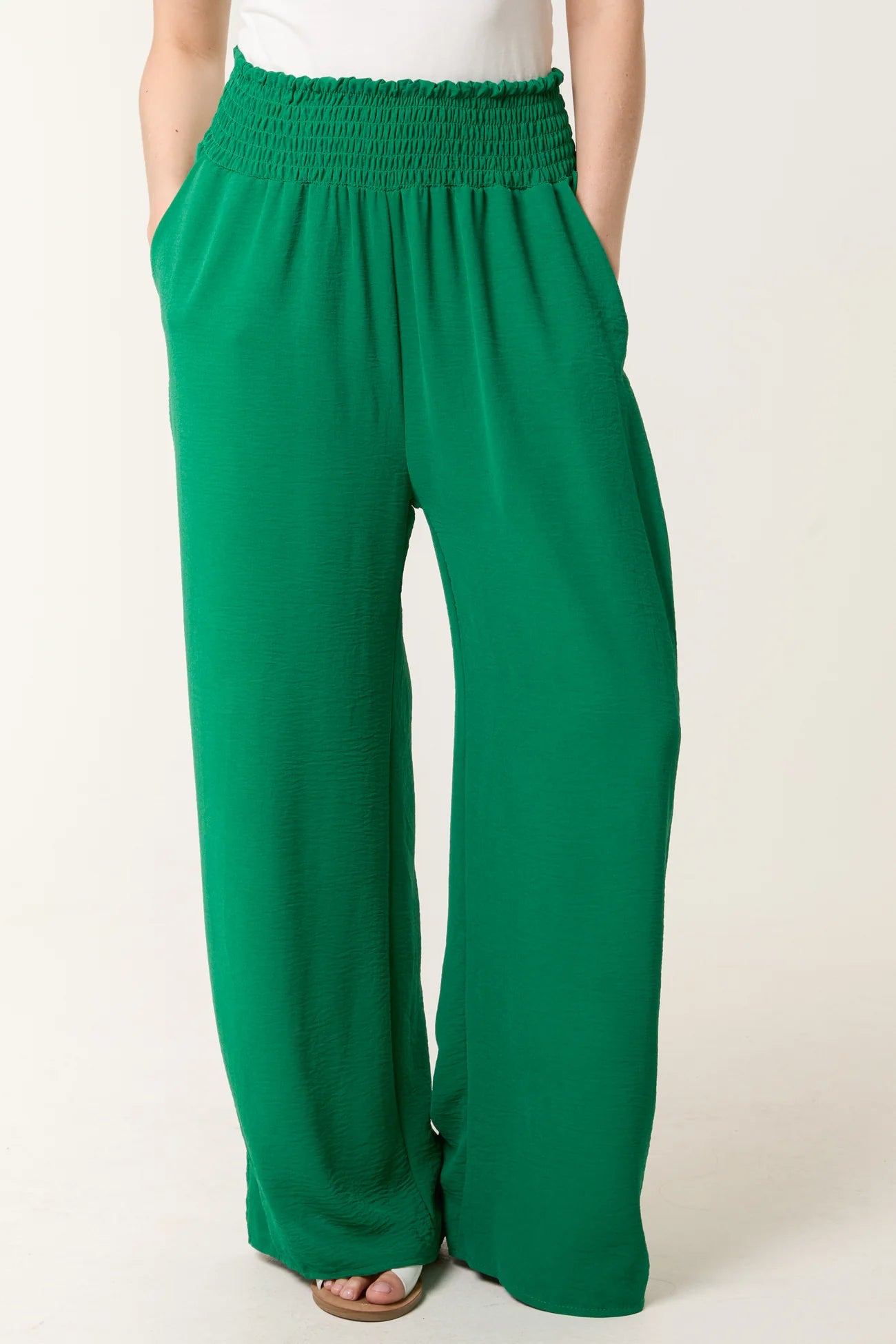 Shirred Waist Wide Leg Trousers