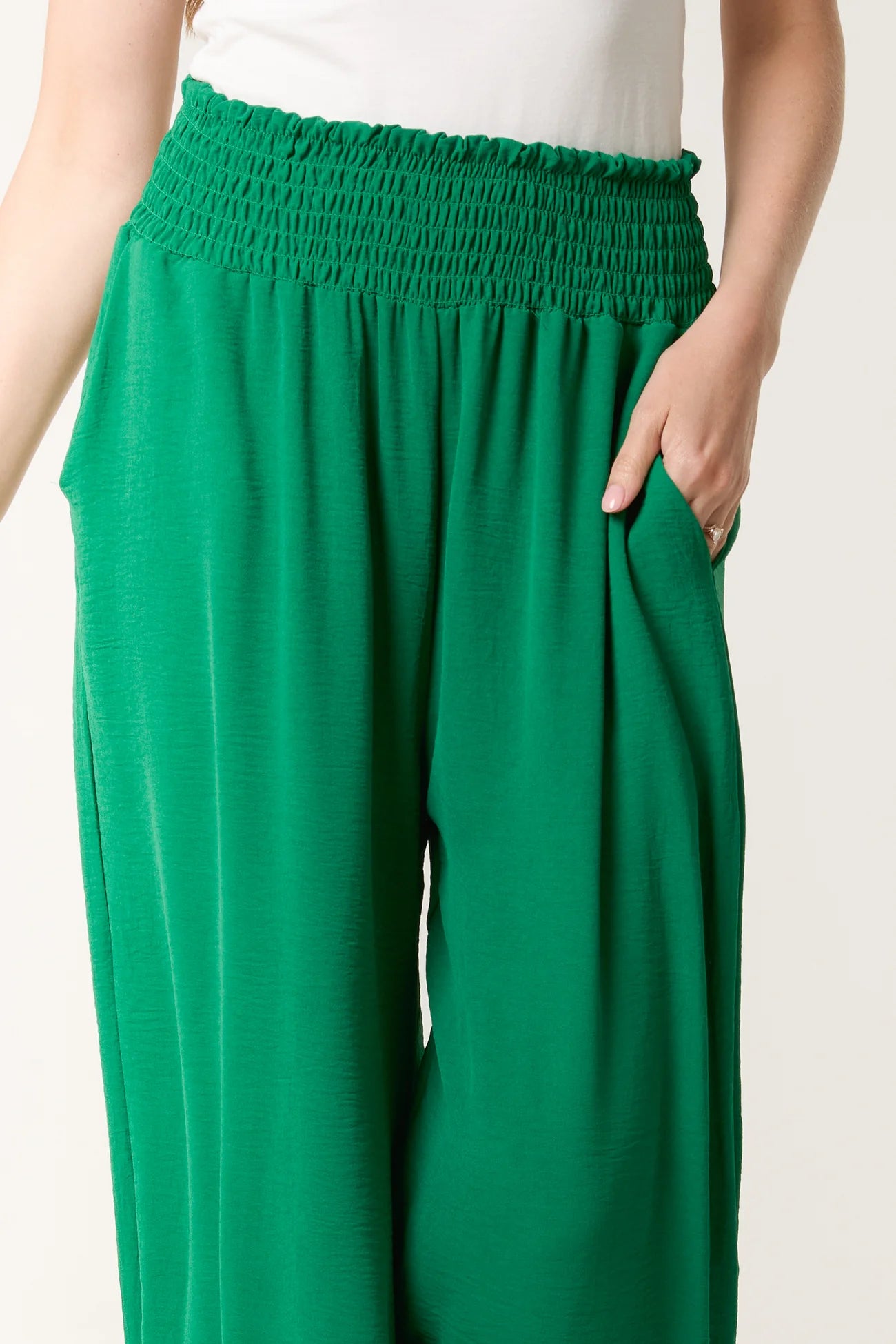 Shirred Waist Wide Leg Trousers