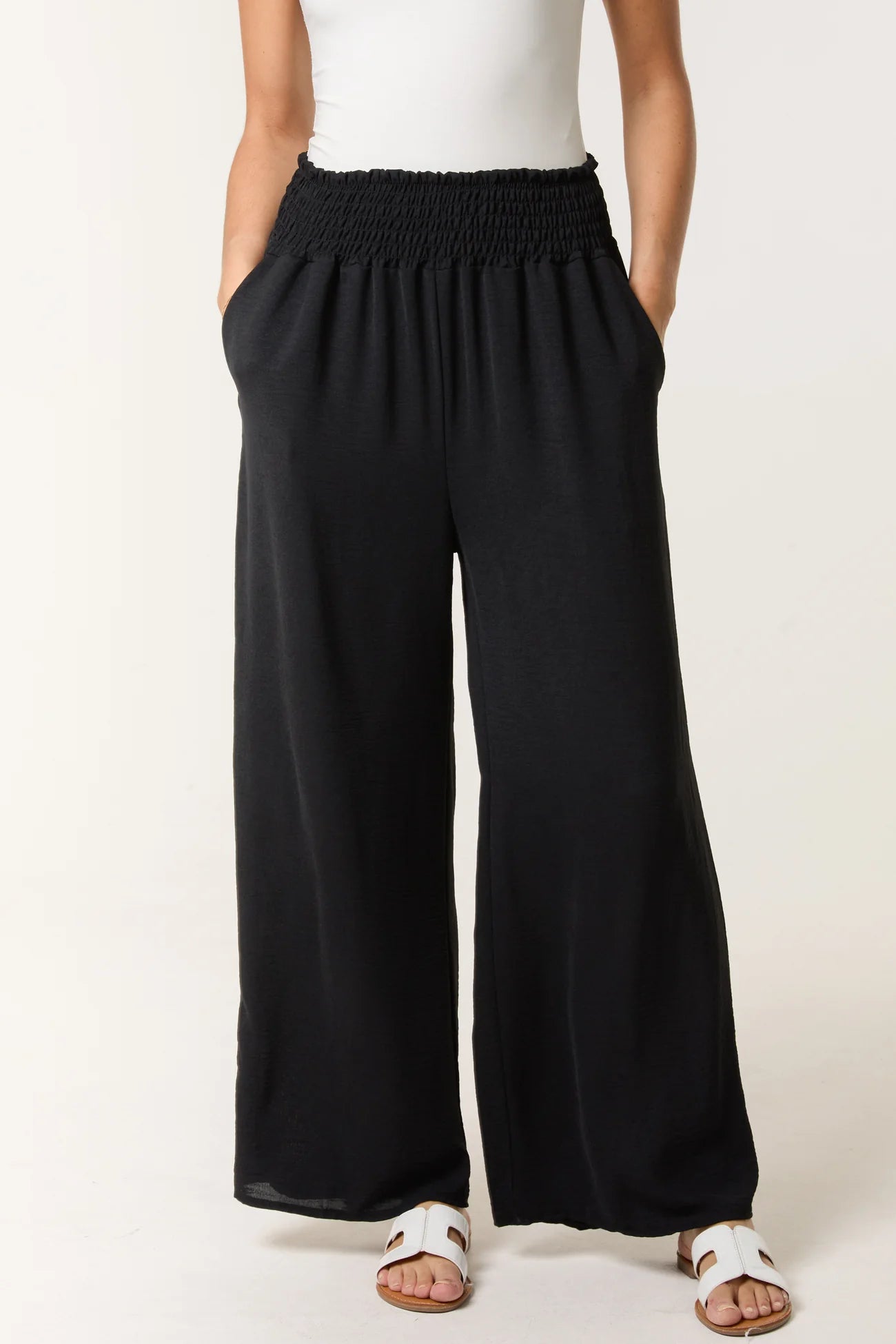 Shirred Waist Wide Leg Trousers