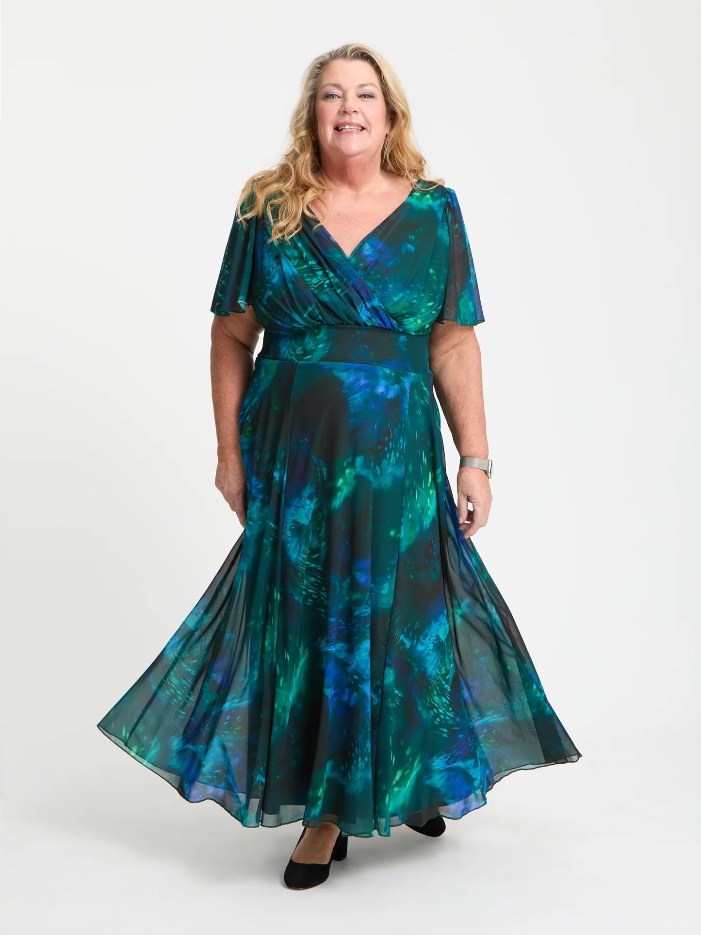 Scarlett & Jo Isabelle Petite Green Blue Marble Maxi Dress
