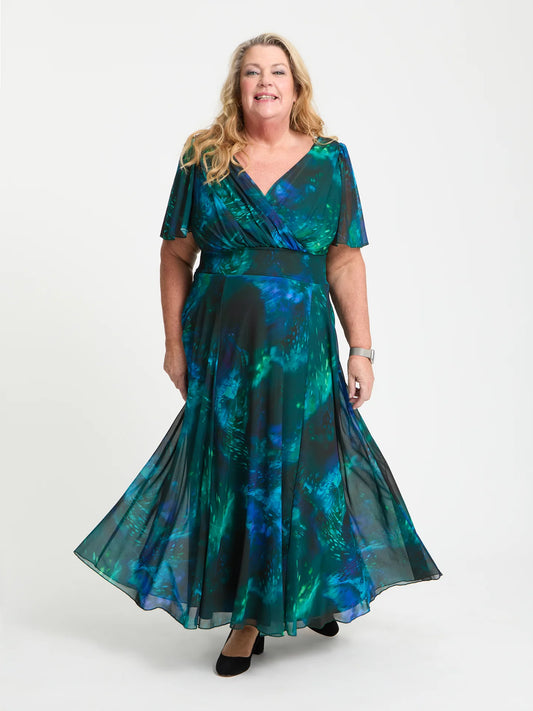 Scarlett & Jo Isabelle Petite Green Blue Marble Maxi Dress