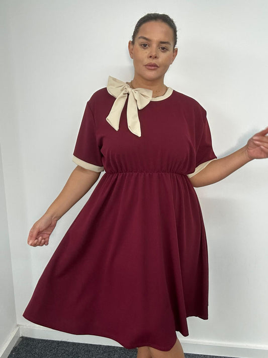 Bow Neck Wine Midi Dress