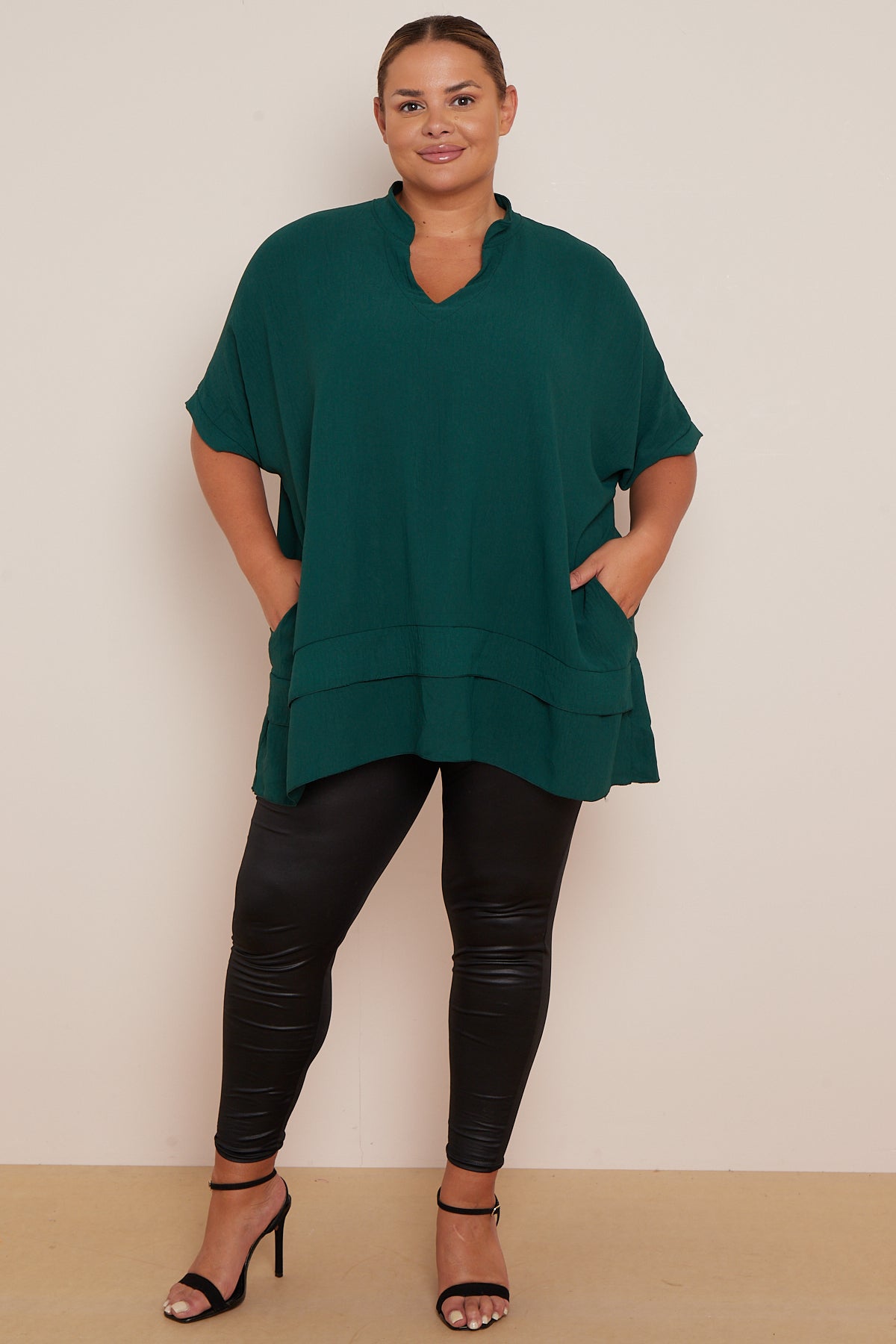 V Neck Frill Hem Top with Pockets