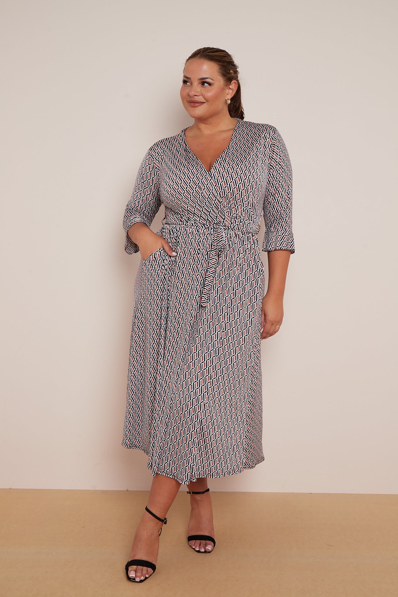 Wrap Dress With 3/4 Length Sleeve And Pockets