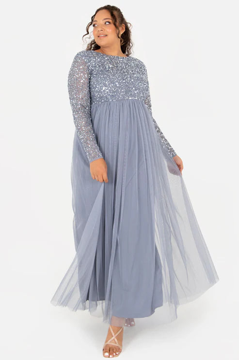 Maya Dusty Blue Round Neck Embellished Maxi