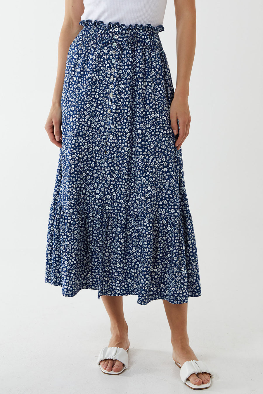 Blue Ditsy Button Front Skirt